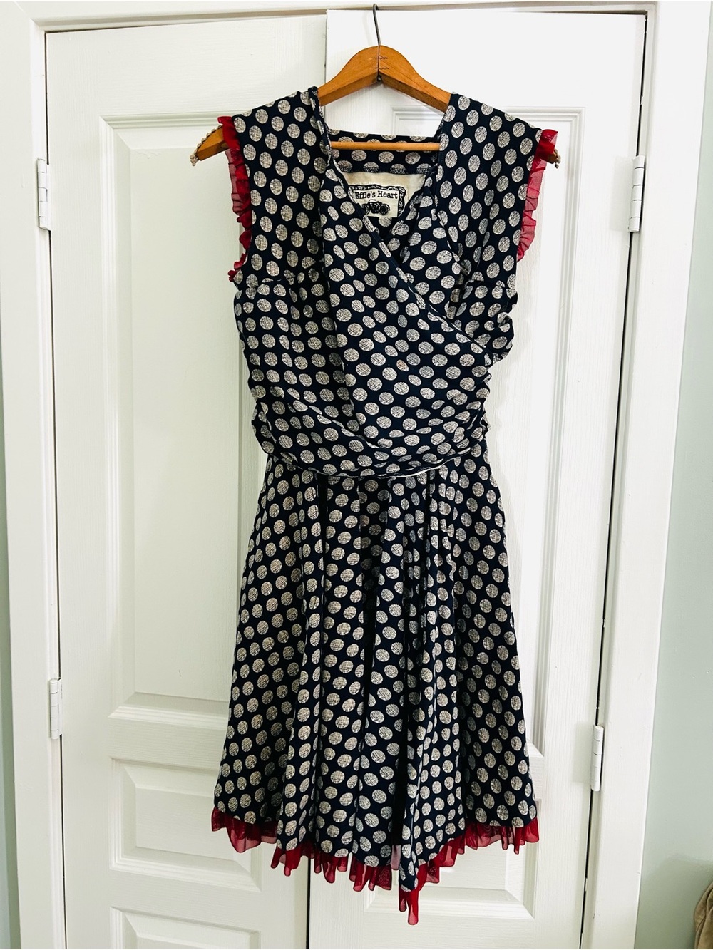 Effie's Heart Navy Polka Dot Midi Dress with Red Trim Vintage Inspired Stretchy